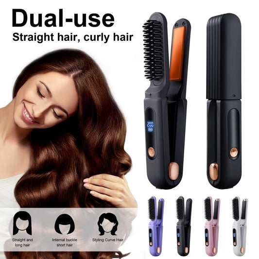 Portable Cordless Hair Straightener Brush 3 Temp Adjustable Negative Ions Hot Brush Electric Curly Hair Styling Detangling Comb