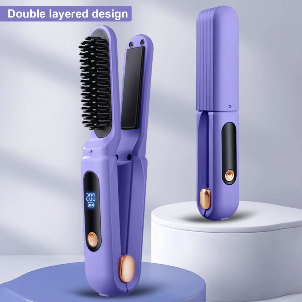 Portable Cordless Hair Straightener Brush 3 Temp Adjustable Negative Ions Hot Brush Electric Curly Hair Styling Detangling Comb