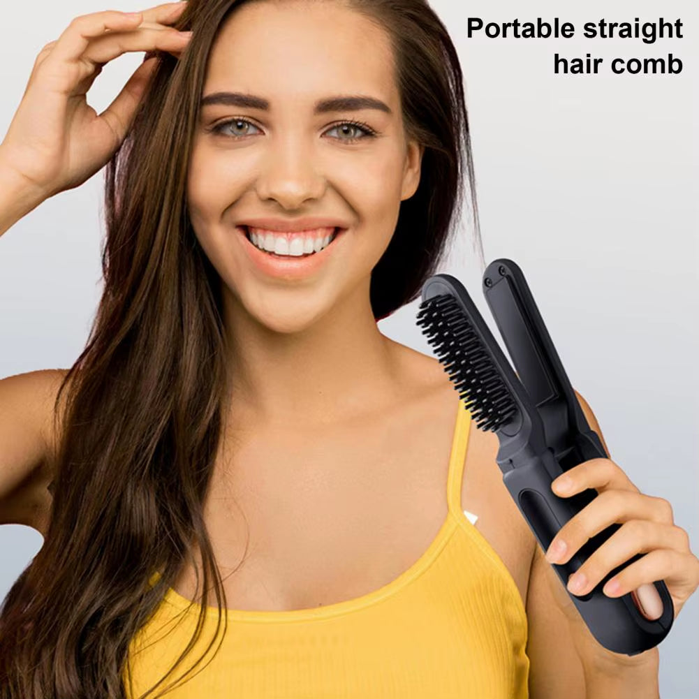 Portable Cordless Hair Straightener Brush 3 Temp Adjustable Negative Ions Hot Brush Electric Curly Hair Styling Detangling Comb